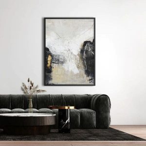 Hochformatiges Bild mit den Farben Schwarz, Weiß, Creme und Goldeffekt