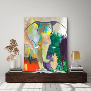 Rechteckige Leinwand mit kunstvoll gemaltem Elefant in freundlichen Farben